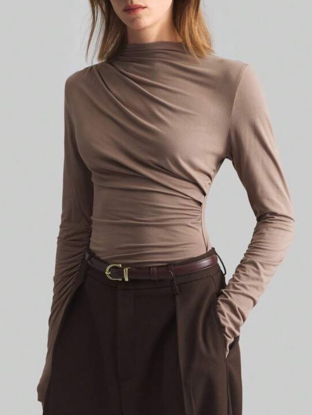 Sleek Taupe Long-Sleeve Ruched Top